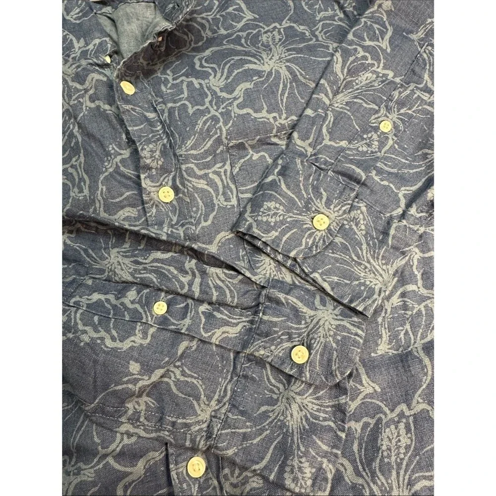 J. Crew Linen Button Up Long Sleeve Shirt, Blue Tropical Floral Men's M Slim Fit